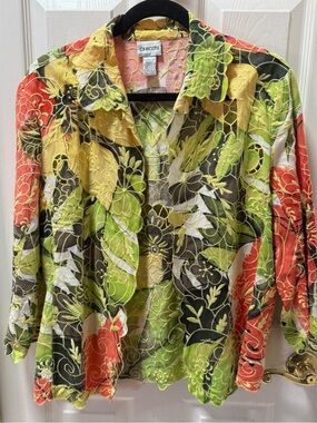 Chico's Multi-Color Floral Lace Button-Down Shirt – Green, Yellow & Coral